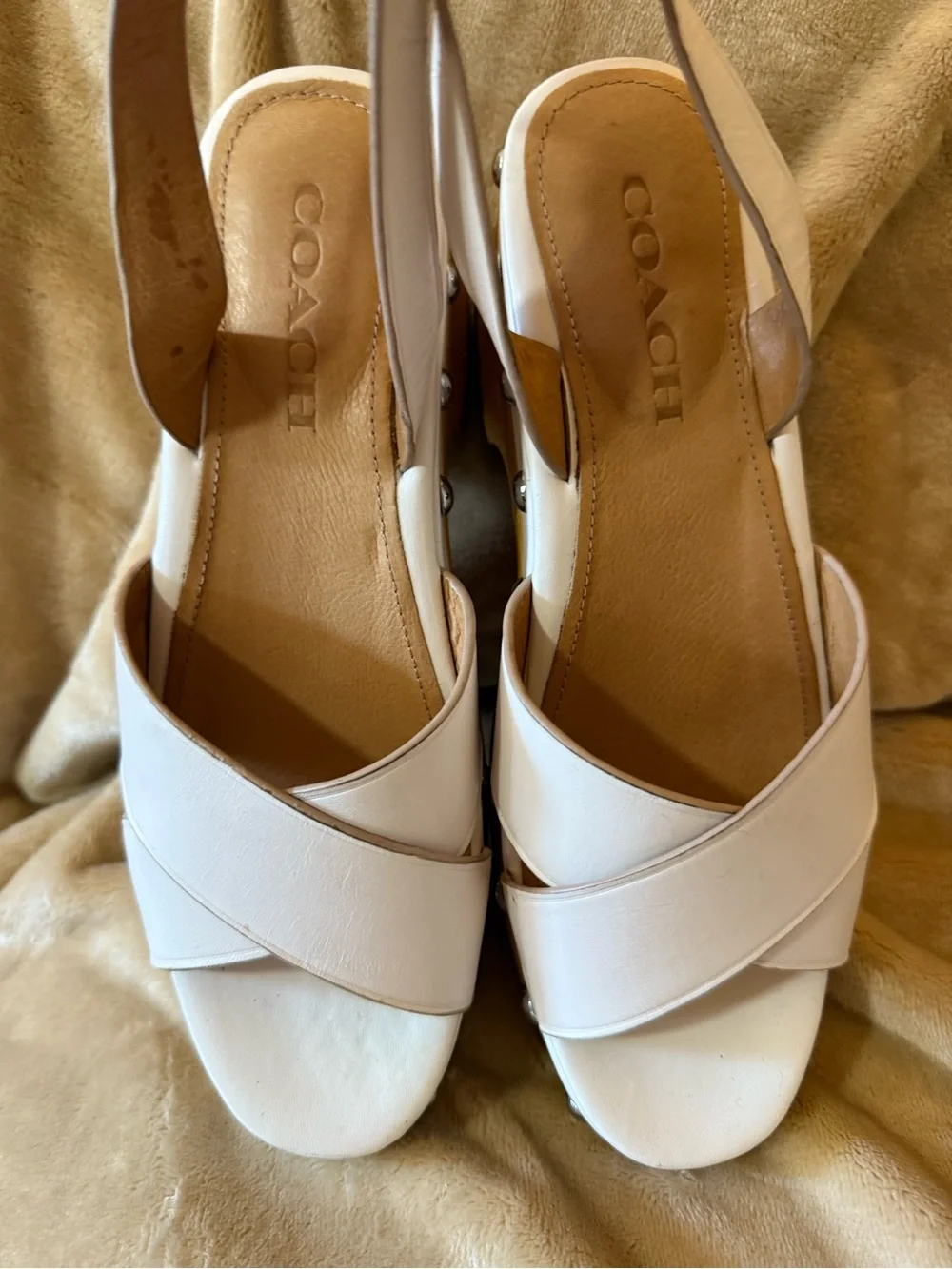 Coach Astor Cream Leather Wood Platform Sandal with Stud Accents